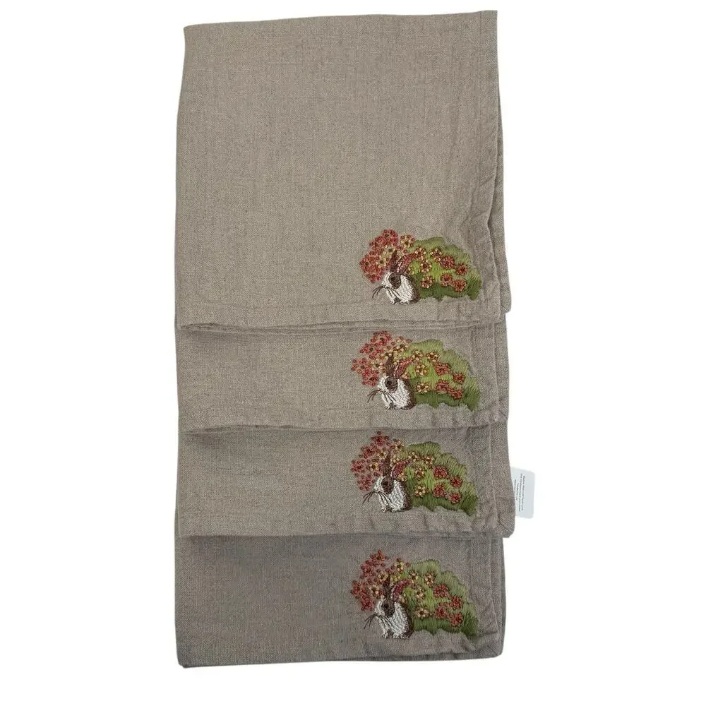 Pottery Barn Bunny Rabbit Embroidered Napkins Set Of 4 Linen Cotton Beige Easter